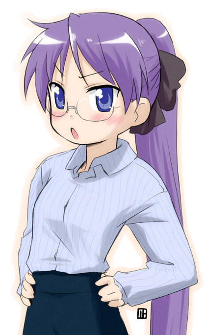nagian, hiiragi kagami, lucky star, 00s, aged up, alternate hairstyle, bespectacled, glasses, hair ribbon, hands on own hips, ponytail, ribbon, solo, tsurime