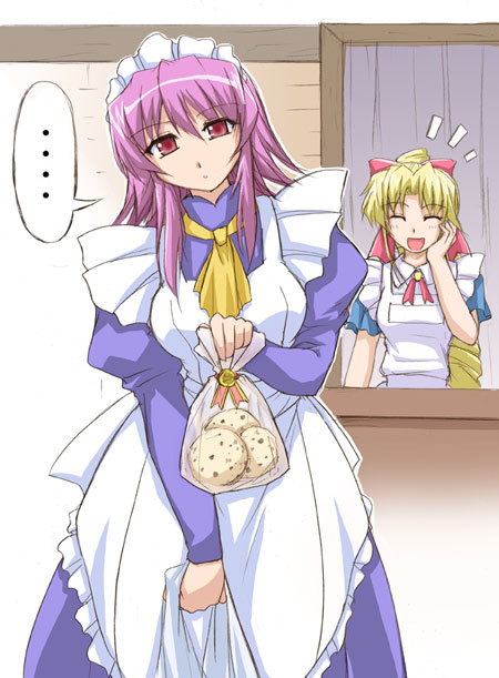 bioroid hei, kannazuki megumi, wilhelmina carmel, muteki kanban musume, shakugan no shana, tagme, …, 00s, 2girls, ^ ^, apron, blonde hair, closed eyes, cookie, crossover, facing viewer, feet out of frame, food, head tilt, juliet sleeves, long sleeves, looking at viewer, maid, maid headdress, multiple girls, pink hair, puffy sleeves, smile, speech bubble, spoken ellipsis, standing, white apron