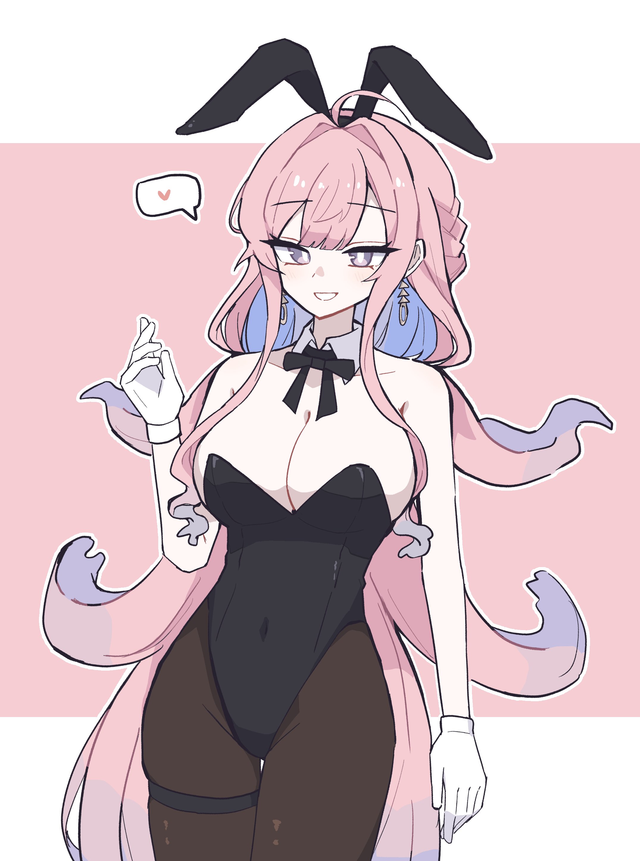 hmrsh, arknights, absurdres, highres, 1girl, ahoge, alternate costume, animal ears, bare arms, bare shoulders, black bow, black bowtie, black leotard, blue hair, blunt bangs, border, bow, bowtie, breasts, bright pupils, brown pantyhose, center-flap bangs, cleavage, collarbone, covered navel, cowboy shot, detached collar, earrings, fake animal ears, gloves, grin, hair intakes, heart, jewelry, large breasts, leotard, light blush, long hair, long sidelocks, looking at viewer, lucilla (arknights), multicolored hair, outside border, pantyhose, pink background, pink hair, playboy bunny, rabbit ears, sidelocks, simple background, smile, solo, spoken heart, standing, strapless, strapless leotard, teeth, thigh gap, thigh strap, two-tone hair, very long hair, white border, white gloves