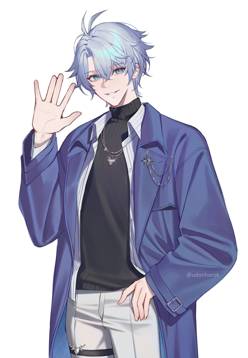 udonhorok, phainon (honkai: star rail), honkai: star rail, honkai (series), commentary request, highres, 1boy, antenna hair, black sweater, blue coat, blue eyes, coat, collared shirt, cowboy shot, grey hair, hair between eyes, hand up, jewelry, long sleeves, looking at viewer, male focus, necklace, official alternate costume, open clothes, open coat, open shirt, pants, parted lips, phainon (luckin coffee) (honkai: star rail), shirt, short hair, simple background, smile, solo, sweater, turtleneck, turtleneck sweater, twitter username, waving, white background, white pants