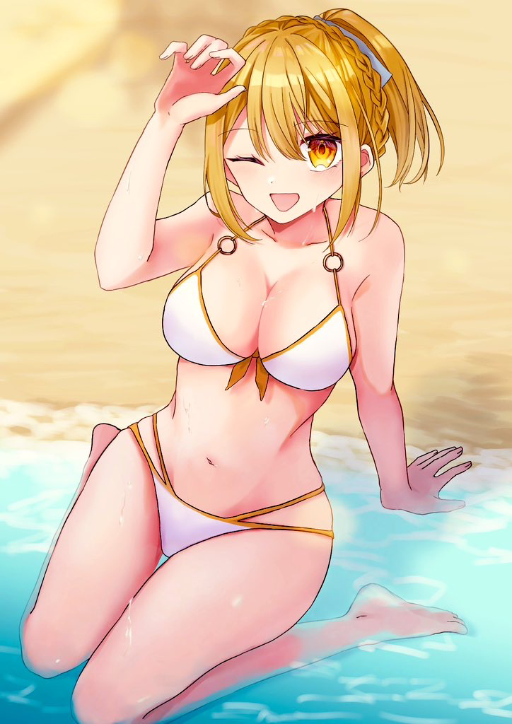zundaa, suo kazusa, nue no onmyouji, 1girl, beach, bikini, blonde hair, braid, breasts, cleavage, crown braid, hair between eyes, hair ribbon, hand up, large breasts, navel, o-ring, o-ring bikini, one eye closed, open mouth, ponytail, ribbon, sand, seiza, short ponytail, sitting, smile, swimsuit, water, wet, white bikini, yellow eyes