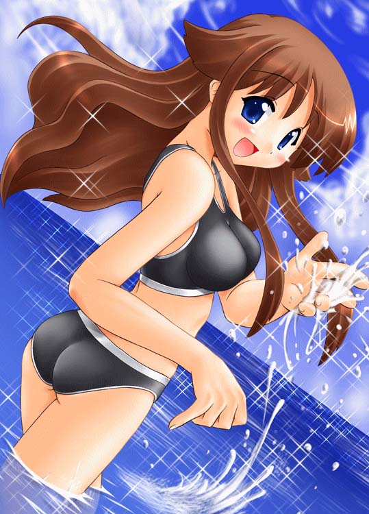 hase yu, suzu (nagasarete airantou), nagasarete airantou, 00s, ass, bikini, black bikini, blue eyes, blush, breasts, brown hair, cloud, collarbone, from behind, large breasts, long hair, looking at viewer, looking back, ocean, open mouth, sky, smile, sparkle, splashing, swimsuit, wading, water