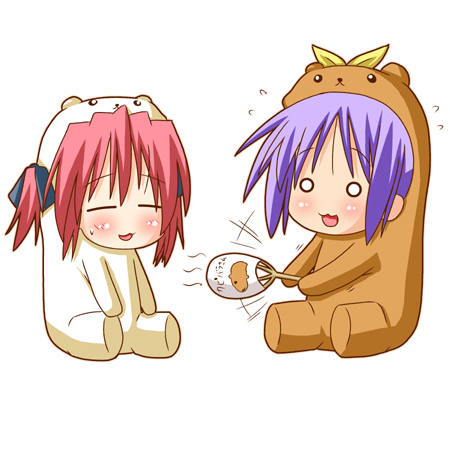 minami (colorful palette), bear tsukasa, bear yutaka, capybara-san, hiiragi tsukasa, kobayakawa yutaka, lucky star, lowres, 00s, 2girls, :3, animal costume, bear costume, chibi, hand fan, multiple girls, o o, open mouth, purple hair, red hair, short hair, simple background, sitting, sweat