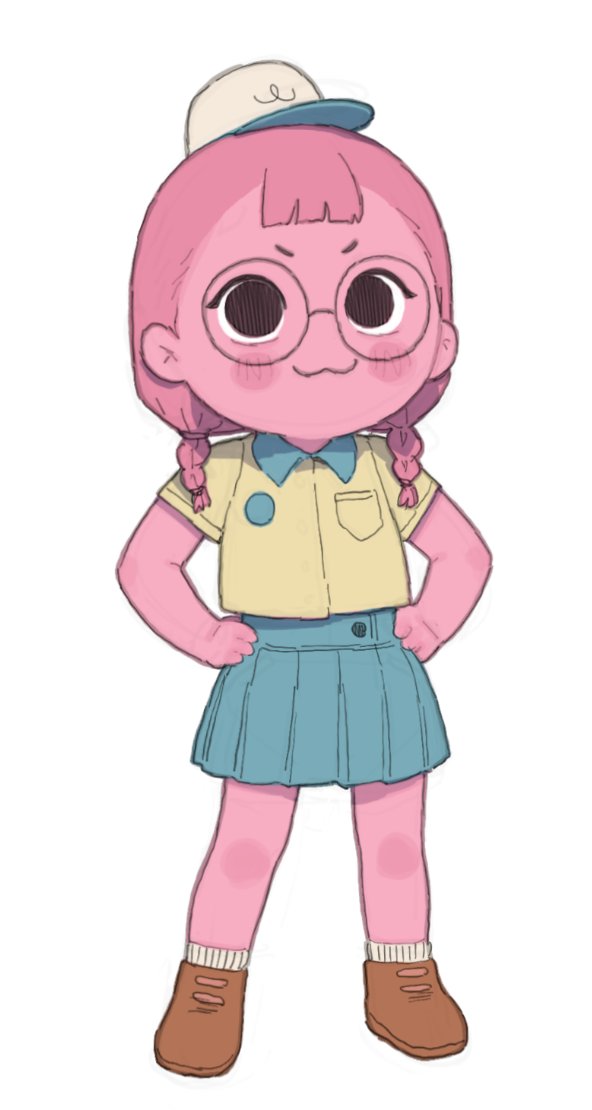 possummachine, peak (game), 1girl, :3, baseball cap, blunt bangs, blush stickers, braid, colored skin, glasses, hands on own hips, hat, medium hair, pink skin, pleated skirt, round eyewear, scout uniform, simple background, skirt, twin braids, white background