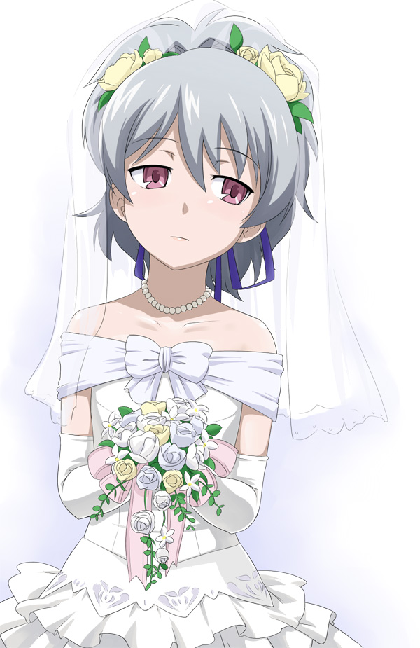 youkan, yin (darker than black), darker than black, 00s, 1girl, bouquet, bride, dress, female focus, flat chest, flower, solo, wedding dress, white hair