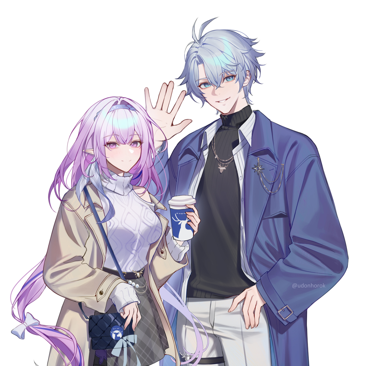 udonhorok, castorice (honkai: star rail), phainon (honkai: star rail), honkai: star rail, honkai (series), commentary request, highres, 1boy, 1girl, antenna hair, bag, black skirt, black sweater, blue coat, blue eyes, blue hairband, breasts, brown coat, castorice (luckin coffee) (honkai: star rail), clothing cutout, coat, collared shirt, cowboy shot, cup, disposable coffee cup, disposable cup, grey hair, hair between eyes, hairband, hand up, handbag, holding, holding cup, jewelry, long hair, long sleeves, looking at viewer, low-tied long hair, low twintails, male focus, medium breasts, necklace, official alternate costume, open clothes, open coat, open shirt, pants, parted lips, phainon (luckin coffee) (honkai: star rail), pointy ears, purple eyes, purple hair, shirt, short hair, shoulder cutout, simple background, skirt, smile, sweater, turtleneck, turtleneck sweater, twintails, twitter username, very long hair, waving, white background, white pants, white sweater