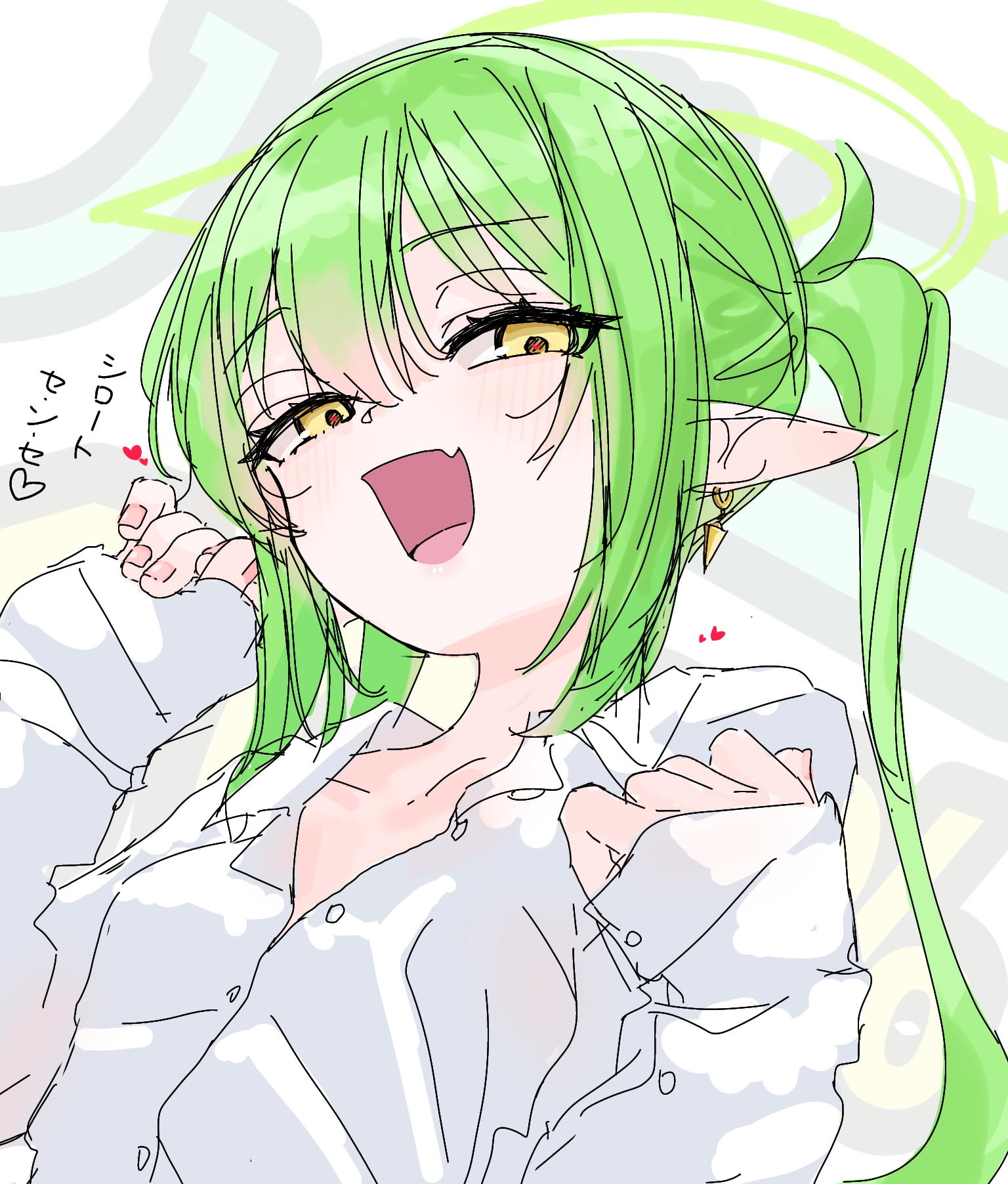 niwaikanai, nozomi (blue archive), blue archive, highres, translation request, 1girl, blush, breasts, collarbone, collared shirt, earrings, green hair, halo, jewelry, long hair, long sleeves, looking at viewer, open mouth, pointy ears, shirt, small breasts, smile, solo, twintails, very long hair, white shirt, yellow eyes