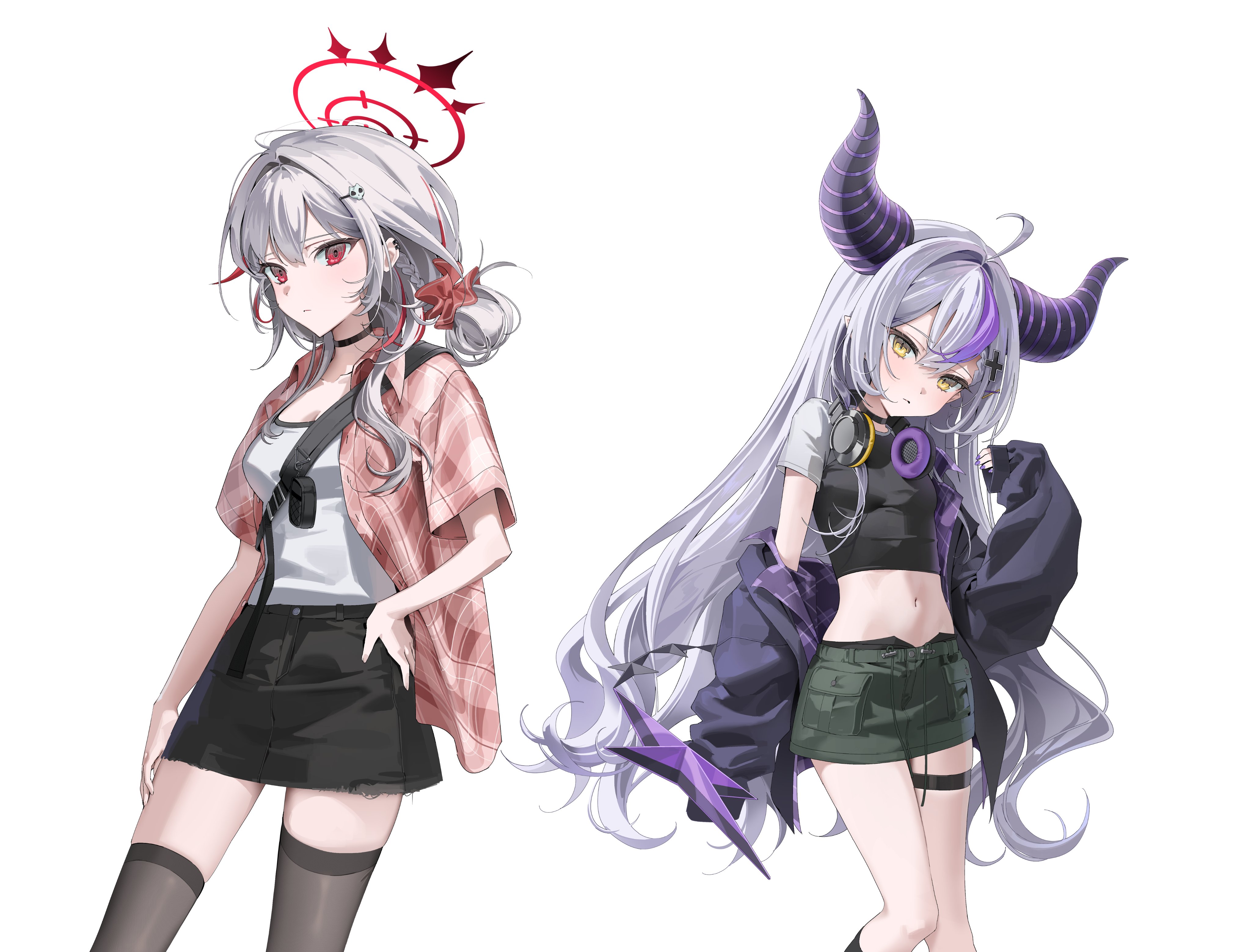 chii (chiiriring), dtto., la+ darknesss, hololive, reject (esports), absurdres, commentary request, highres, official art, 2girls, ahoge, asymmetrical legwear, black choker, black horns, black jacket, black shirt, black skirt, black thighhighs, braid, braided bangs, breasts, camisole, choker, closed mouth, cropped shirt, cross hair ornament, demon horns, double-parted bangs, ear piercing, green skirt, grey camisole, grey hair, hair between eyes, hair ornament, hair rings, hairclip, halo, hand on own hip, hand up, head tilt, headphones, headphones around neck, horns, jacket, jacket partially removed, long hair, looking at viewer, medium breasts, midriff, miniskirt, multicolored hair, multiple girls, navel, open clothes, open shirt, piercing, plaid clothes, plaid shirt, pointy ears, purple hair, red eyes, red hair, red shirt, shirt, short sleeves, sidelocks, simple background, single hair ring, single sleeve past fingers, skirt, slit pupils, small breasts, strap slip, streaked hair, striped horns, tail, thigh strap, thighhighs, uneven legwear, very long hair, virtual youtuber, white background, yellow eyes