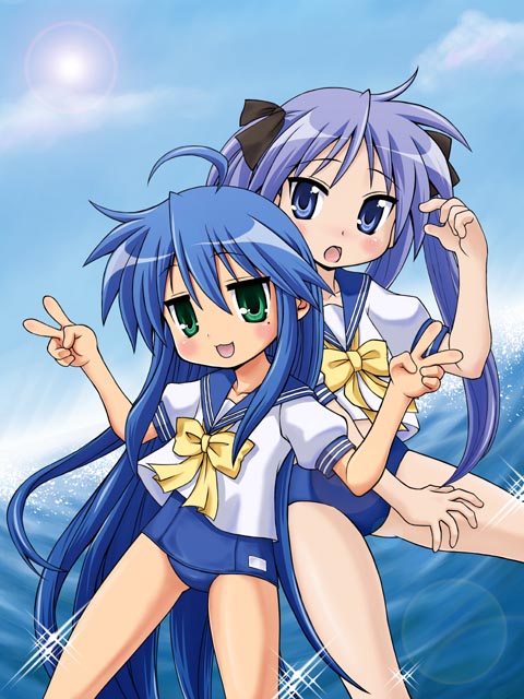 yuuki akira, hiiragi kagami, izumi konata, lucky star, 00s, 2girls, mole, mole under eye, multiple girls, no pants, one-piece swimsuit, school swimsuit, school uniform, serafuku, swimsuit, swimsuit under clothes, v, water, waves