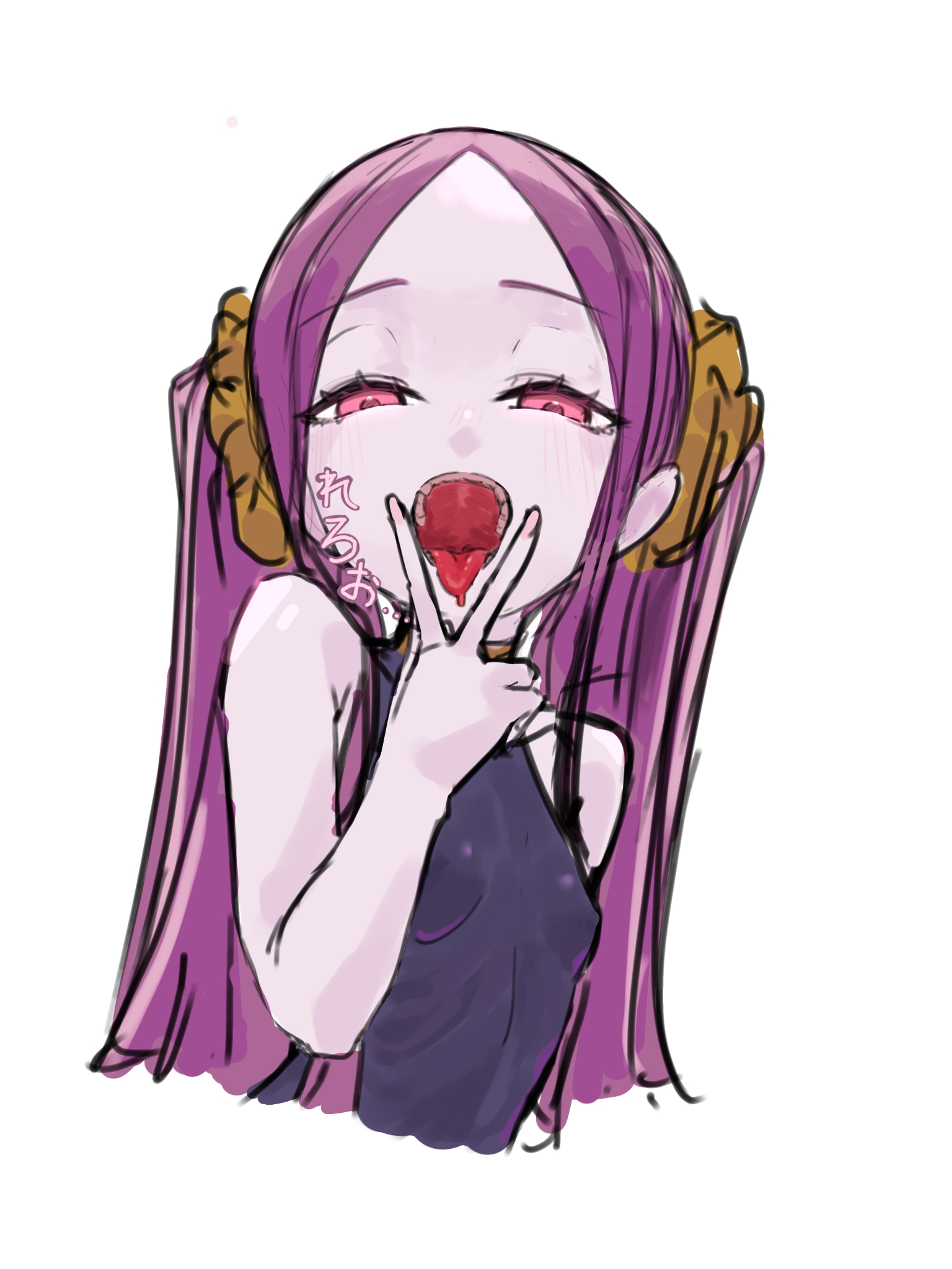 niwaikanai, wu zetian (fate), fate/grand order, fate (series), highres, translation request, 1girl, bare shoulders, black dress, breasts, dress, forehead, hair ornament, hair scrunchie, long hair, looking at viewer, open mouth, parted bangs, purple eyes, purple hair, scrunchie, sidelocks, small breasts, solo, tongue, tongue out, twintails, very long hair, yellow scrunchie