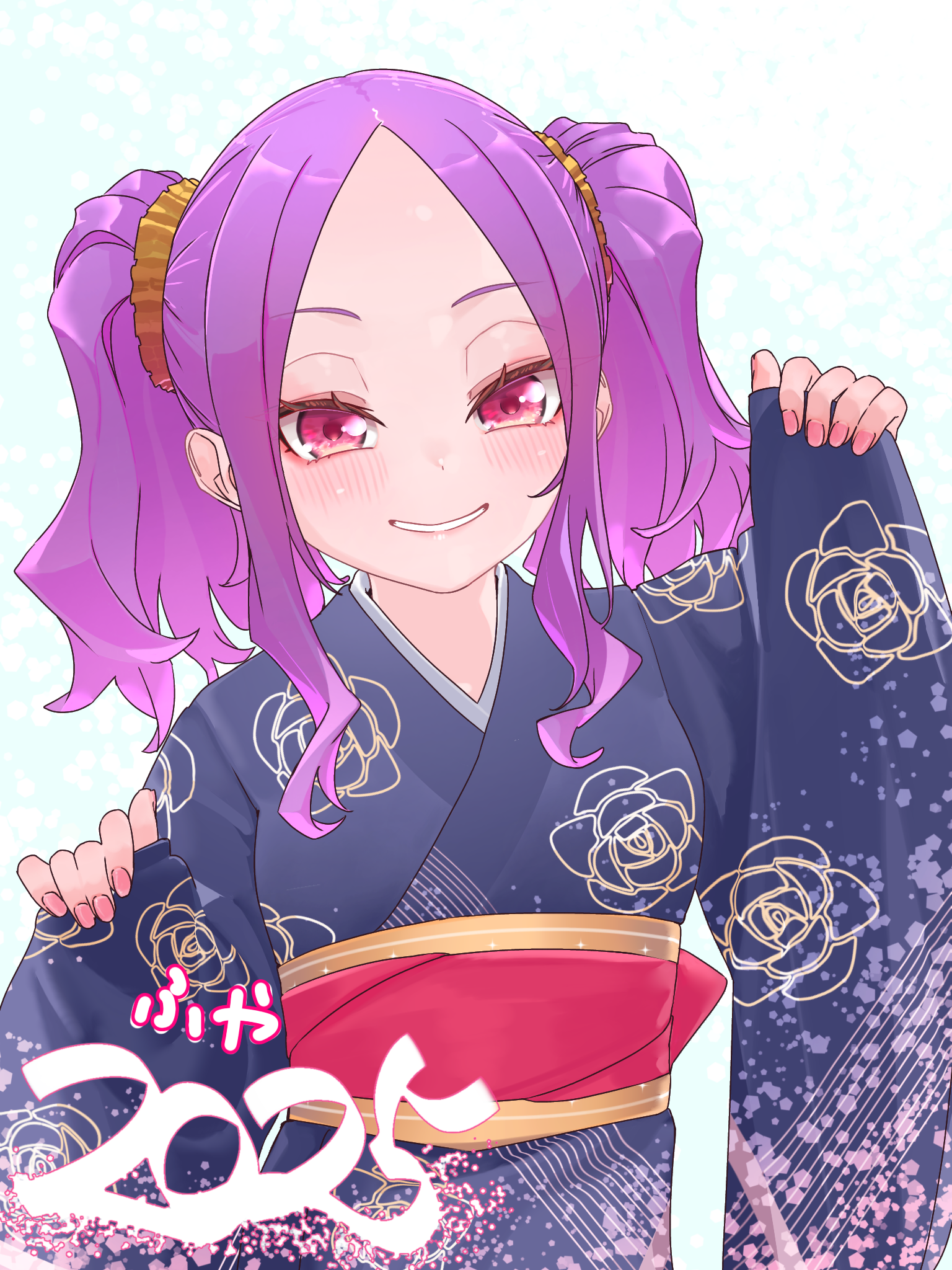 niwaikanai, wu zetian (fate), fate/grand order, fate (series), highres, 1girl, 2025, blue kimono, blush, breasts, forehead, grin, hair ornament, hair scrunchie, japanese clothes, kimono, long hair, long sleeves, looking at viewer, parted bangs, purple eyes, purple hair, sash, scrunchie, sidelocks, small breasts, smile, solo, twintails, wide sleeves, yellow scrunchie