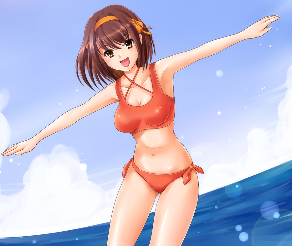 yumeno naka, suzumiya haruhi, suzumiya haruhi no yuuutsu, 00s, bikini, brown hair, day, orange bikini, short hair, solo, swimsuit