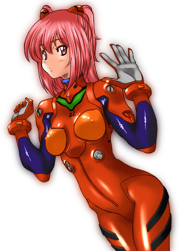kamia (not found), kasuga aya, neon genesis evangelion, original, 1girl, blush, bodysuit, bracer, breasts, clenched hand, cosplay, covered erect nipples, cowboy shot, female focus, gloves, hair ornament, hands up, latex, looking at viewer, mecha pilot suit, narrow waist, outline, parted lips, pink eyes, pink hair, plugsuit (cosplay), plugsuit (evangelion), red eyes, red hair, shiny clothes, simple background, solo, souryuu asuka langley (cosplay), turtleneck, two side up, white background