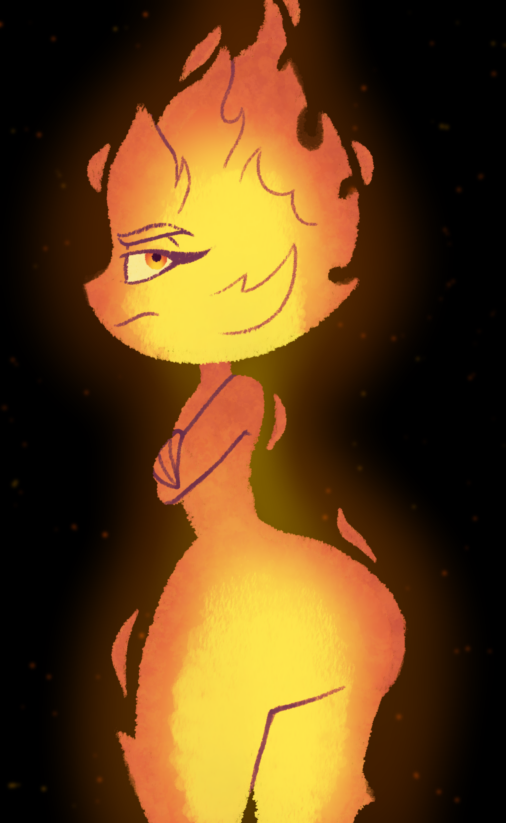 tonyneely, ember (elemental), elemental (movie), highres, 1girl, ass, closed mouth, colored sclera, completely nude, crossed arms, fire, from behind, frown, huge ass, looking at viewer, nose, nude, solo