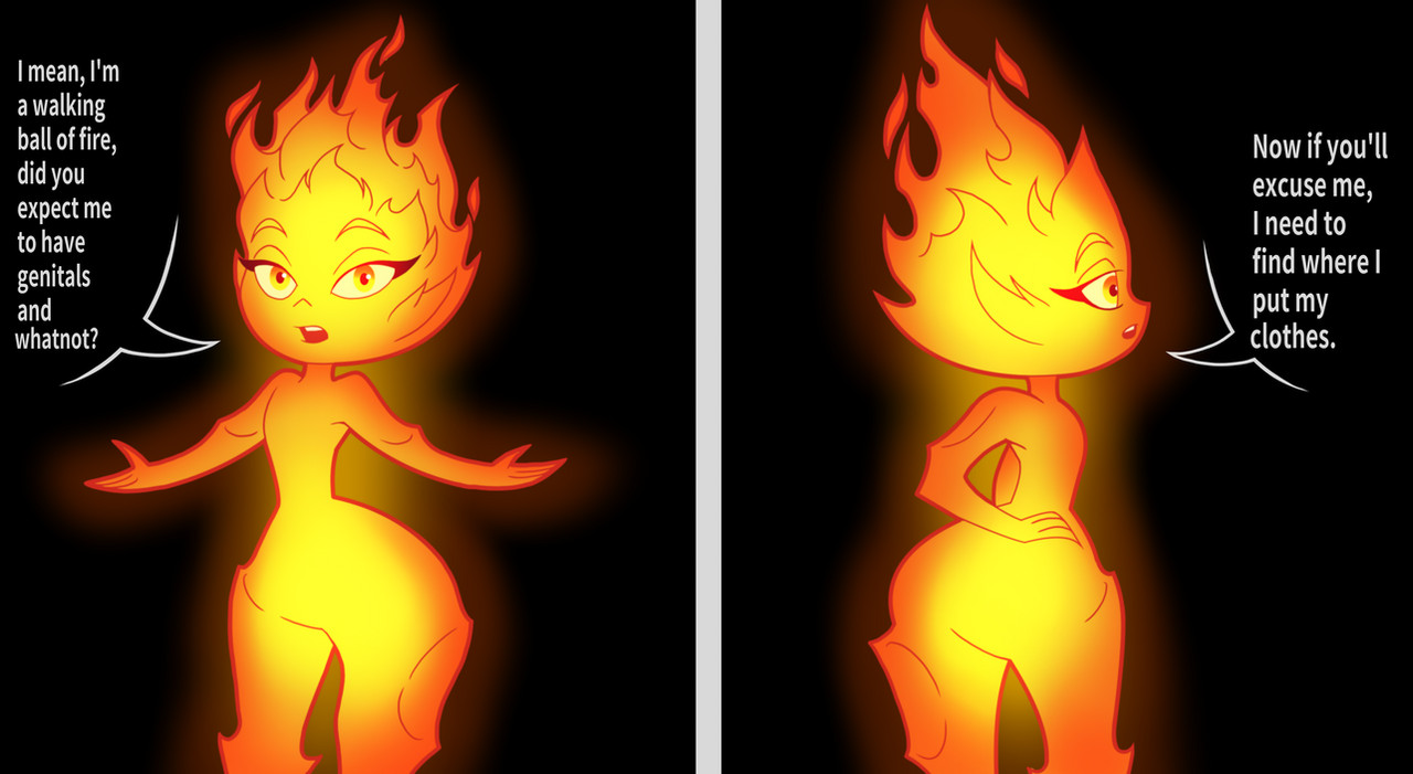 tonyneely, ember (elemental), elemental (movie), 1girl, ass, bare shoulders, closed mouth, colored sclera, completely nude, crossed arms, fire, from behind, frown, hand on own hip, huge ass, looking at viewer, nose, nude, open mouth, raised eyebrows, solo, teeth, tongue, upper teeth only