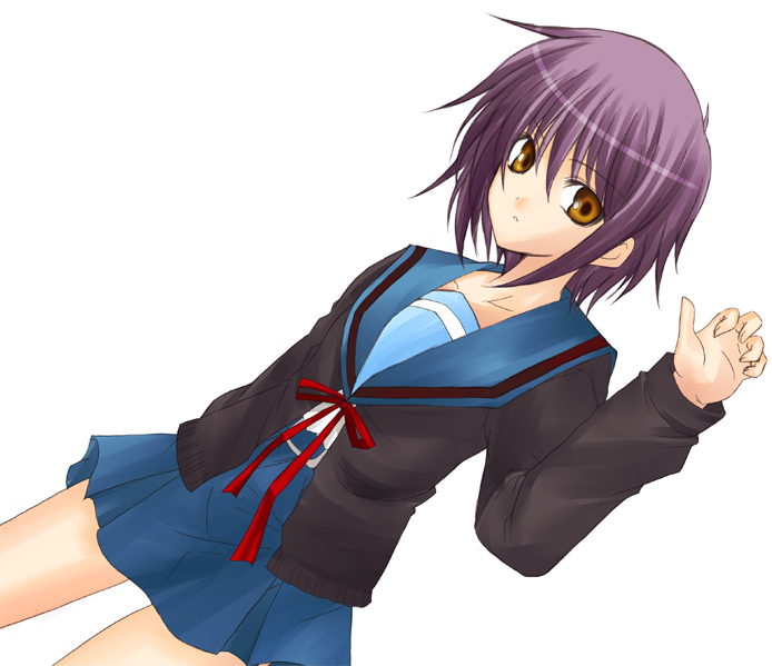 hagane soushi, nagato yuki, suzumiya haruhi no yuuutsu, eyebrows, 00s, 1girl, blue skirt, cardigan, dutch angle, female focus, legs apart, long sleeves, looking at viewer, miniskirt, open cardigan, open clothes, purple hair, red ribbon, ribbon, school uniform, serafuku, short hair, simple background, skirt, solo, white background, yellow eyes