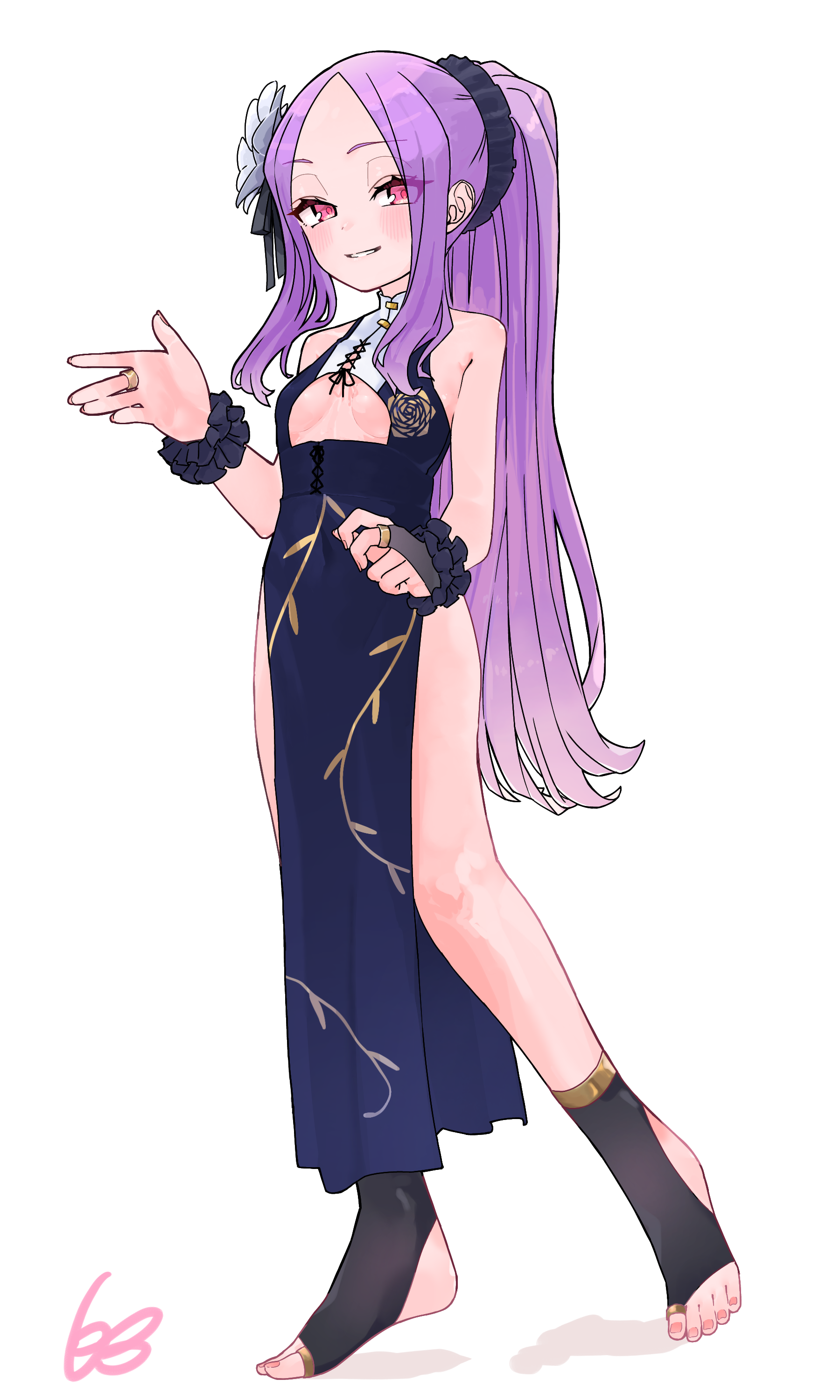 niwaikanai, wu zetian (fate), blue archive, fate/grand order, fate (series), absurdres, highres, 1girl, black dress, blush, breasts, bridal gauntlets, china dress, chinese clothes, cleavage cutout, clothing cutout, dress, floral print, flower, forehead, full body, gold trim, grin, hair flower, hair ornament, hair scrunchie, halo, jewelry, long hair, looking at viewer, parted bangs, ponytail, purple eyes, purple hair, ring, scrunchie, sidelocks, small breasts, smile, solo, stirrup legwear, toeless legwear, very long hair, wrist scrunchie