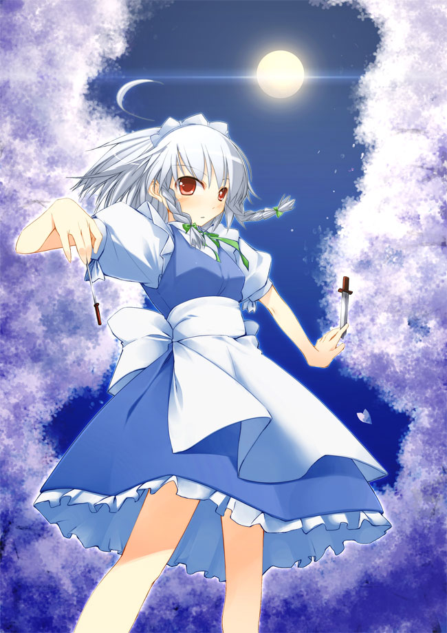 jirou (chekoro), izayoi sakuya, touhou, silver hair, 1girl, between fingers, braid, female focus, holding, knife, maid, moon, short hair, solo, twin braids