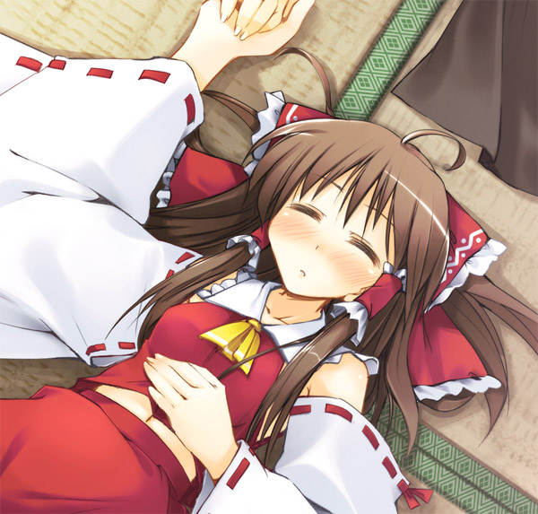 jirou (chekoro), hakurei reimu, touhou, 1girl, ahoge, ascot, blouse, closed eyes, female focus, frilled hair tubes, frills, hair tubes, indoors, japanese clothes, miko, navel, red shirt, shirt, skirt, sleeping, sleeveless, sleeveless shirt, solo, yellow ascot