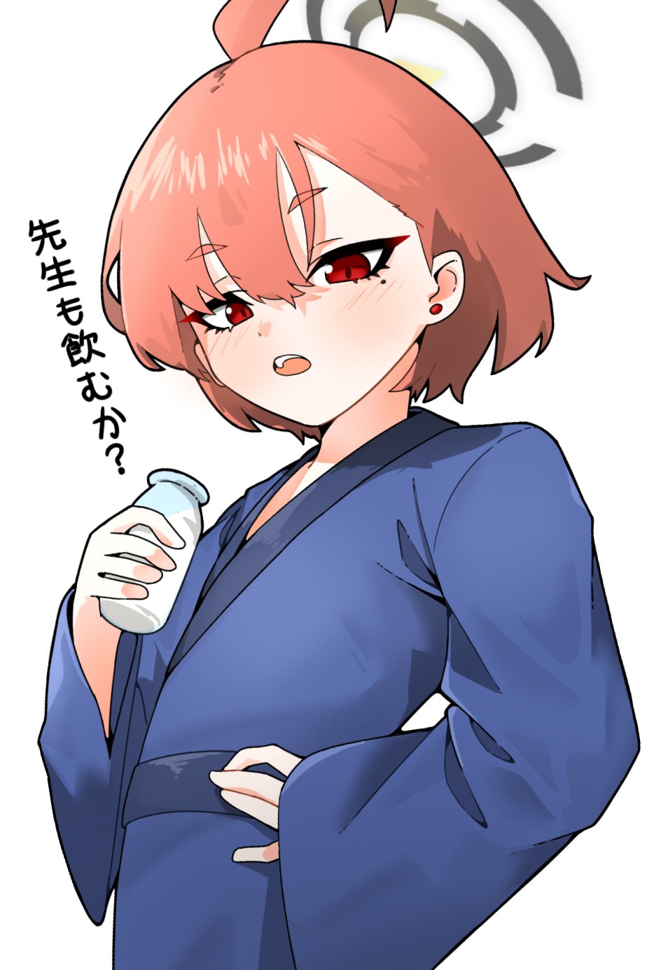 karukan2552, neru (blue archive), blue archive, 1girl, ahoge, blue kimono, drink, earrings, flat chest, halo, hand on own hip, holding, holding drink, japanese clothes, japanese text, jewelry, kimono, milk, mole, mole under eye, open mouth, orange hair, red eyes, short hair, slit pupils, solo, standing, white background, yukata
