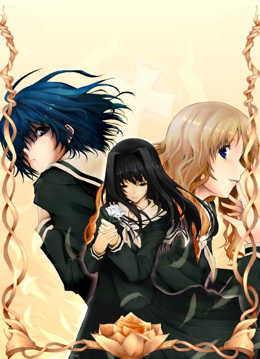 akahoshi kenji, nijou noriko, ogasawara sachiko, toudou shimako, maria-sama ga miteru, jpeg artifacts, 00s, 3girls, black eyes, black hair, blonde hair, blue eyes, blue hair, cross, crossover, dress, finger to mouth, flower, frown, hair over one eye, long hair, looking back, multiple girls, rose, sailor dress, school uniform, serafuku, short hair, smile, wavy hair, wind