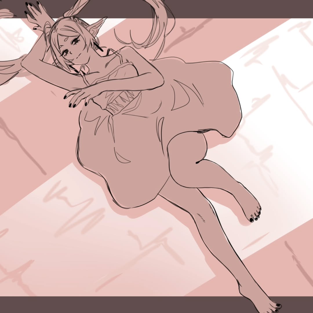 xzorak (bittersweet 1), frieren, sousou no frieren, commentary, 1girl, 2025, alternate costume, arm behind head, arm up, black nails, border, breasts, closed mouth, collarbone, earrings, elf, feet, full body, jewelry, knee up, looking at viewer, lying, monochrome, nightgown, on back, outside border, parted bangs, pointy ears, small breasts, solo, spaghetti strap, spanish commentary, thighs, toes