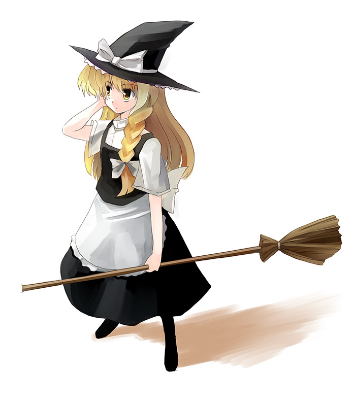 seo tatsuya, kirisame marisa, touhou, 1girl, blonde hair, braid, broom, female focus, full body, hat, long hair, maid, solo, white background, witch, witch hat
