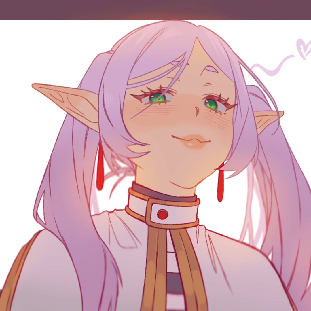 xzorak (bittersweet 1), frieren, sousou no frieren, commentary, variant set, 1girl, 2025, arms at sides, blush, border, capelet, closed mouth, dress, earrings, elf, female focus, gold trim, green eyes, hair over shoulder, heart, jewelry, long hair, looking to the side, parted bangs, pink lips, pointy ears, simple background, solo, spanish commentary, twintails, upper body, white background, white capelet, white hair
