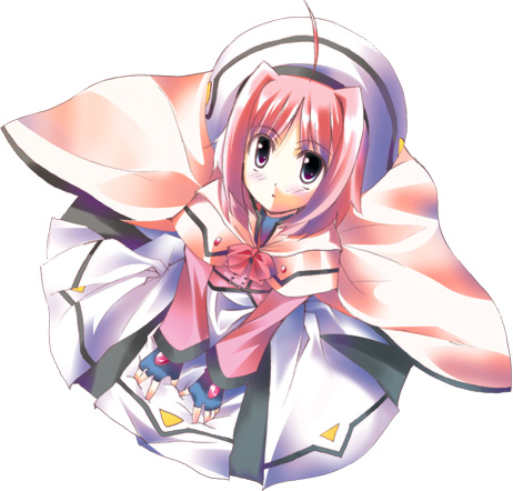 soki (artist), caro ru lushe, kerykeion (nanoha), lyrical nanoha, mahou shoujo lyrical nanoha, mahou shoujo lyrical nanoha strikers, lowres, 00s, 1girl, ahoge, bow, cape, coat, female focus, fingerless gloves, from above, gloves, magical girl, pink bow, pink hair, solo