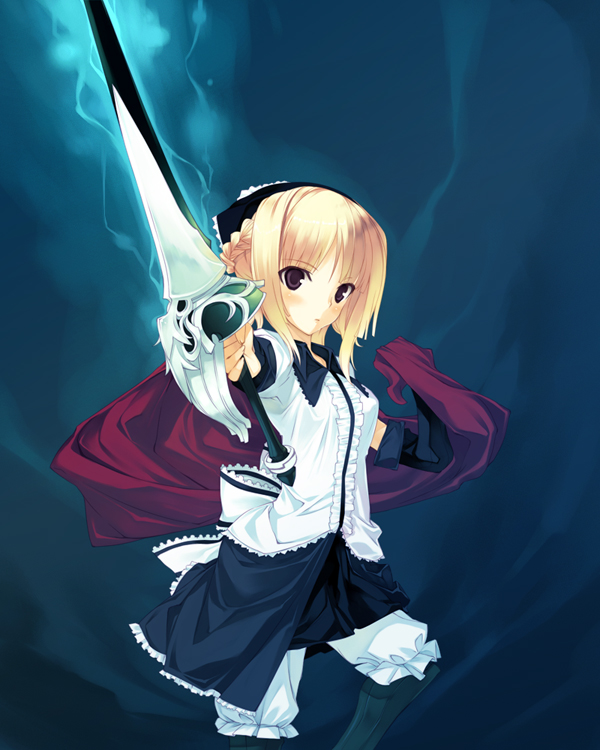 shiranagi masa, 1girl, blonde hair, brown eyes, fantasy, female focus, lance, polearm, solo, spear, weapon