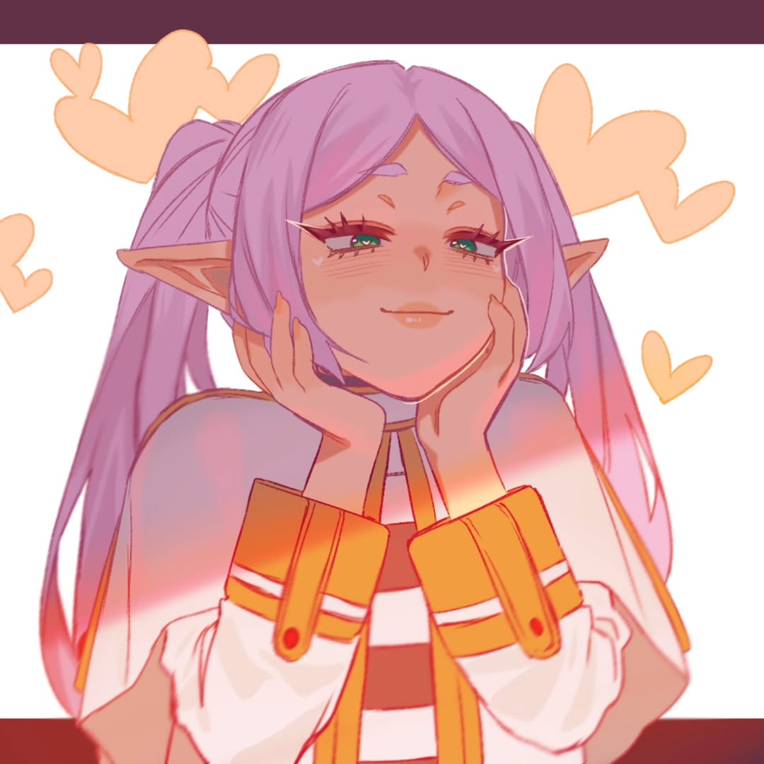 xzorak (bittersweet 1), frieren, sousou no frieren, commentary, variant set, 1girl, 2025, arms up, border, capelet, closed mouth, dress, earrings, elf, female focus, gold trim, green eyes, hands on own cheeks, hands on own face, heart, heart-shaped pupils, jewelry, light smile, long hair, looking at viewer, looking to the side, outside border, parted bangs, pink lips, pointy ears, simple background, solo, spanish commentary, symbol-shaped pupils, twintails, upper body, white background, white capelet, white hair