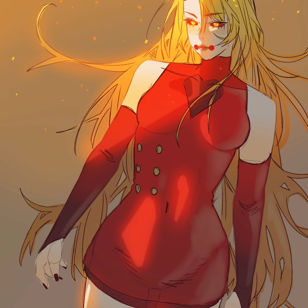 xzorak (bittersweet 1), charlie morningstar, hazbin hotel, hellaverse, commentary, 1girl, 2025, animification, black lips, black nails, black sclera, blonde hair, breasts, bridal gauntlets, colored sclera, colored skin, detached sleeves, dress, female focus, glowing, glowing eyes, gradient background, groin, long hair, looking at viewer, medium breasts, navel, red dress, serious, simple background, solo, spanish commentary, swept bangs, upper body, very long hair, wavy hair, white skin, yellow eyes