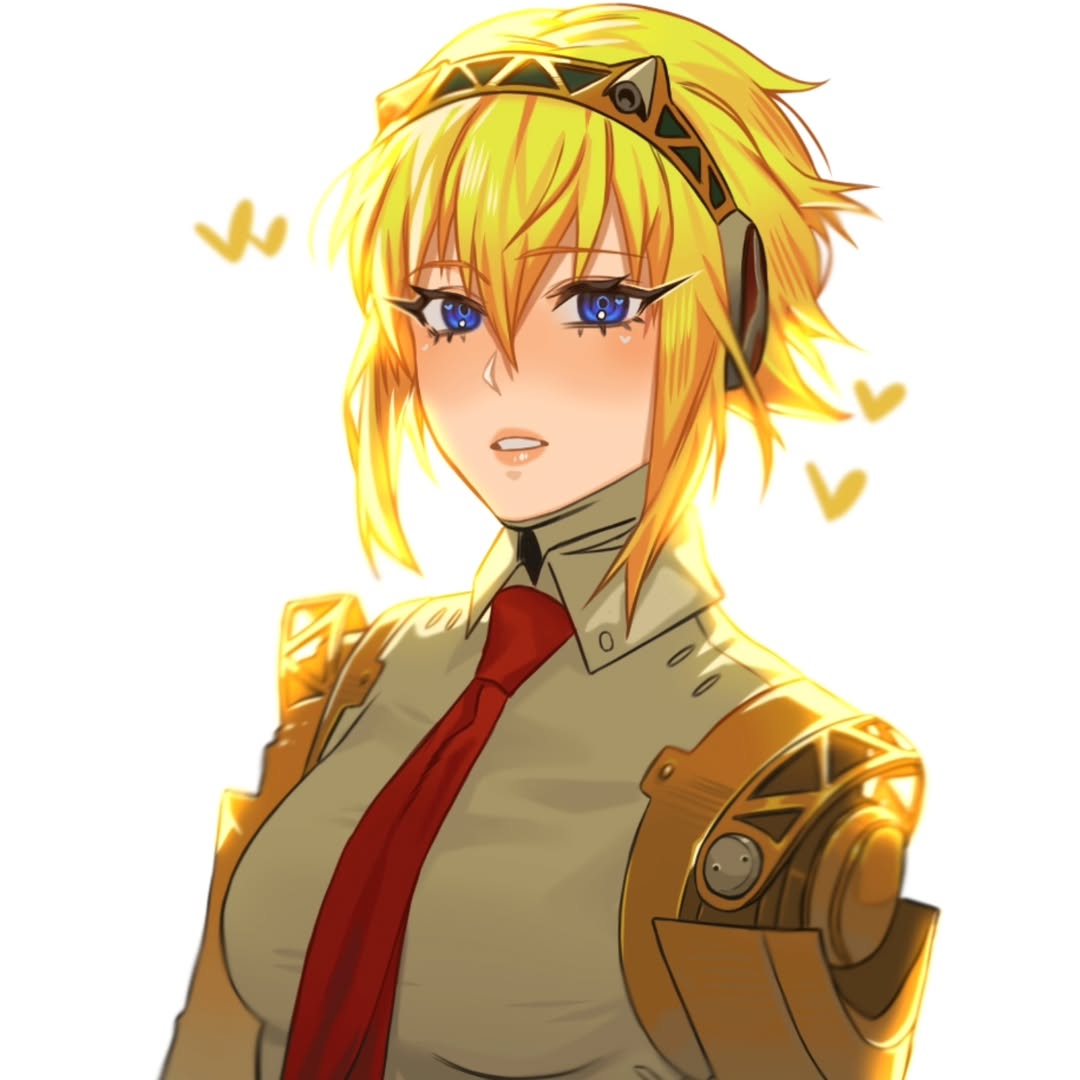 uk yee gwa, xzorak (bittersweet 1), aigis (persona), atlus, persona, persona 3, persona 3 reload, commentary, 1girl, android, blonde hair, blue eyes, bow, clenched teeth, collared shirt, eyebrows hidden by hair, finger cannon, hair between eyes, hairband, joints, looking at viewer, necktie, pink lips, red bow, red necktie, robot joints, shirt, short hair, simple background, solo, spanish commentary, sparkle, teeth, upper body, white background