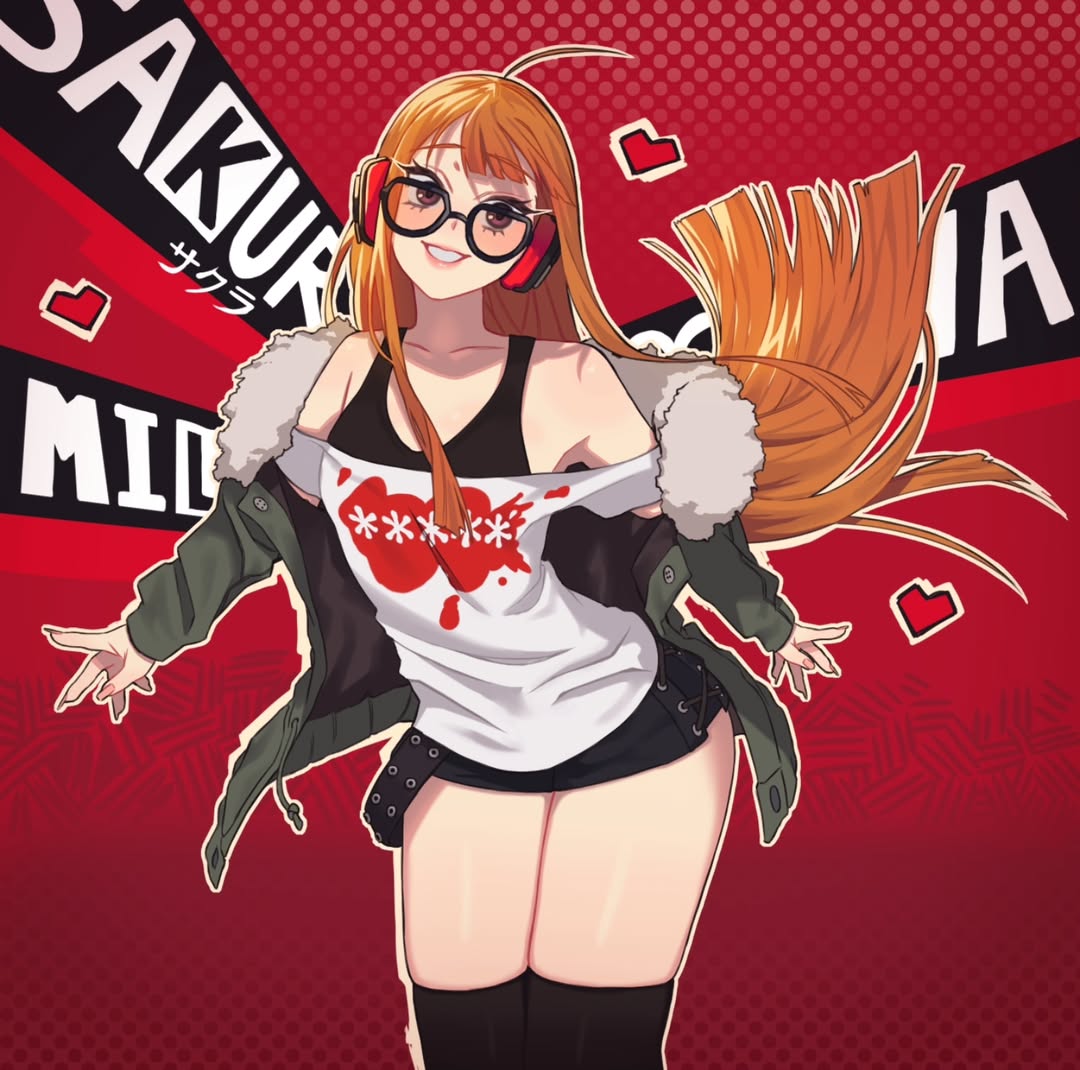 xzorak (bittersweet 1), sakura futaba, atlus, persona, persona 5, commentary, highres, 1girl, 2025, ahoge, black shorts, black thighhighs, blue background, blunt bangs, boots, brown eyes, character name, collarbone, full body, glasses, green jacket, headphones, jacket, lace-up boots, long hair, orange hair, shorts, simple background, solo, spanish commentary, thighhighs