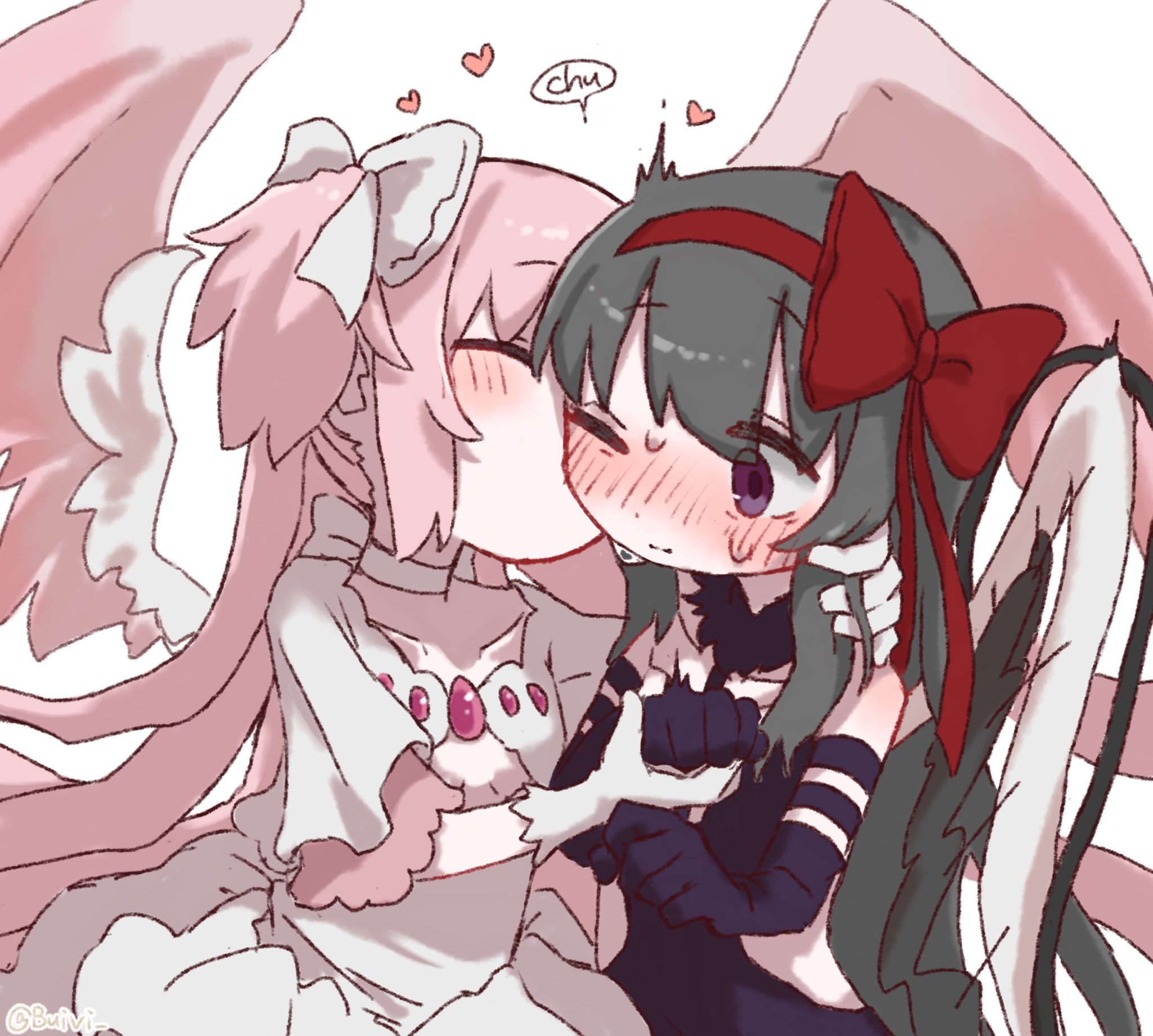 buivi, akemi homura, akuma homura, kaname madoka, ultimate madoka, mahou shoujo madoka magica, mahou shoujo madoka magica (anime), highres, 2girls, black dress, black gloves, black hair, blush, bow, bow hairband, closed eyes, dress, elbow gloves, gloves, hair bow, hairband, hand in another's hair, heart, kiss, kissing cheek, long hair, multiple girls, one eye closed, pink hair, purple eyes, red bow, red hairband, simple background, two side up, white background, white bow, white dress, white gloves, wings, yuri
