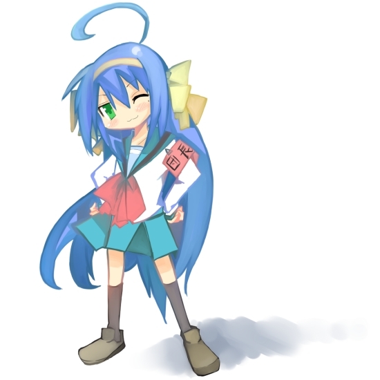 kanikama, hirano aya, izumi konata, suzumiya haruhi, lucky star, suzumiya haruhi no yuuutsu, 1girl, armband, cosplay, crossover, female focus, mole, mole under eye, school uniform, serafuku, solo, suzumiya haruhi (cosplay), voice actor connection