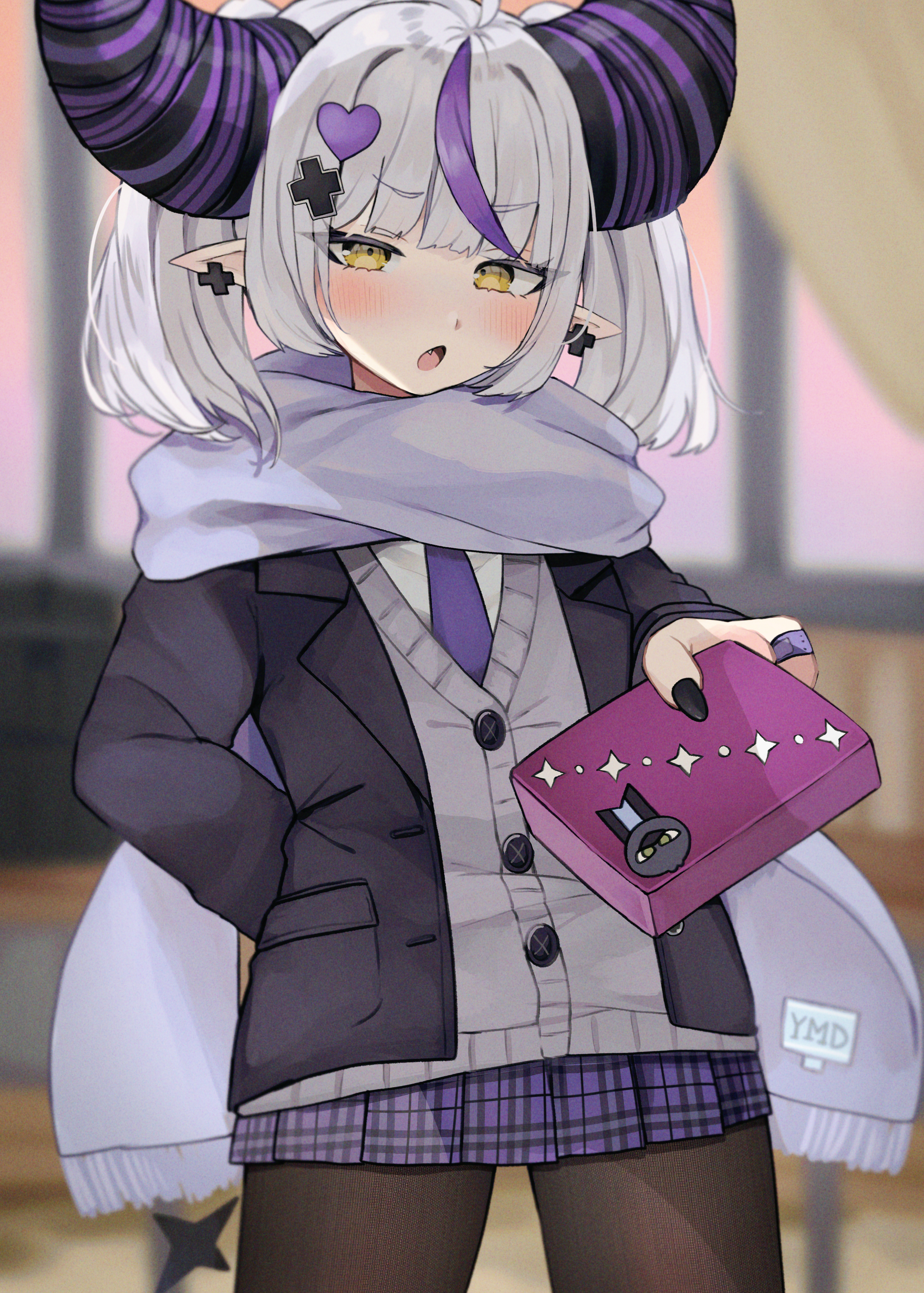 nemuta muu, la+ darknesss, hololive, absurdres, commentary request, highres, 1girl, alternate costume, arm behind back, black horns, black jacket, black nails, black pantyhose, blurry, blurry background, blush, cardigan, classroom, cowboy shot, cross, cross earrings, cross hair ornament, demon horns, earrings, fang, gift, grey cardigan, hair ornament, heart, heart hair ornament, holding, holding gift, horns, incoming gift, indoors, jacket, jewelry, looking at viewer, multicolored hair, necktie, open mouth, pantyhose, plaid clothes, plaid skirt, pleated skirt, pointy ears, purple hair, purple necktie, purple scarf, purple skirt, scarf, school uniform, short twintails, skirt, solo, streaked hair, striped horns, twintails, virtual youtuber, white hair, yellow eyes