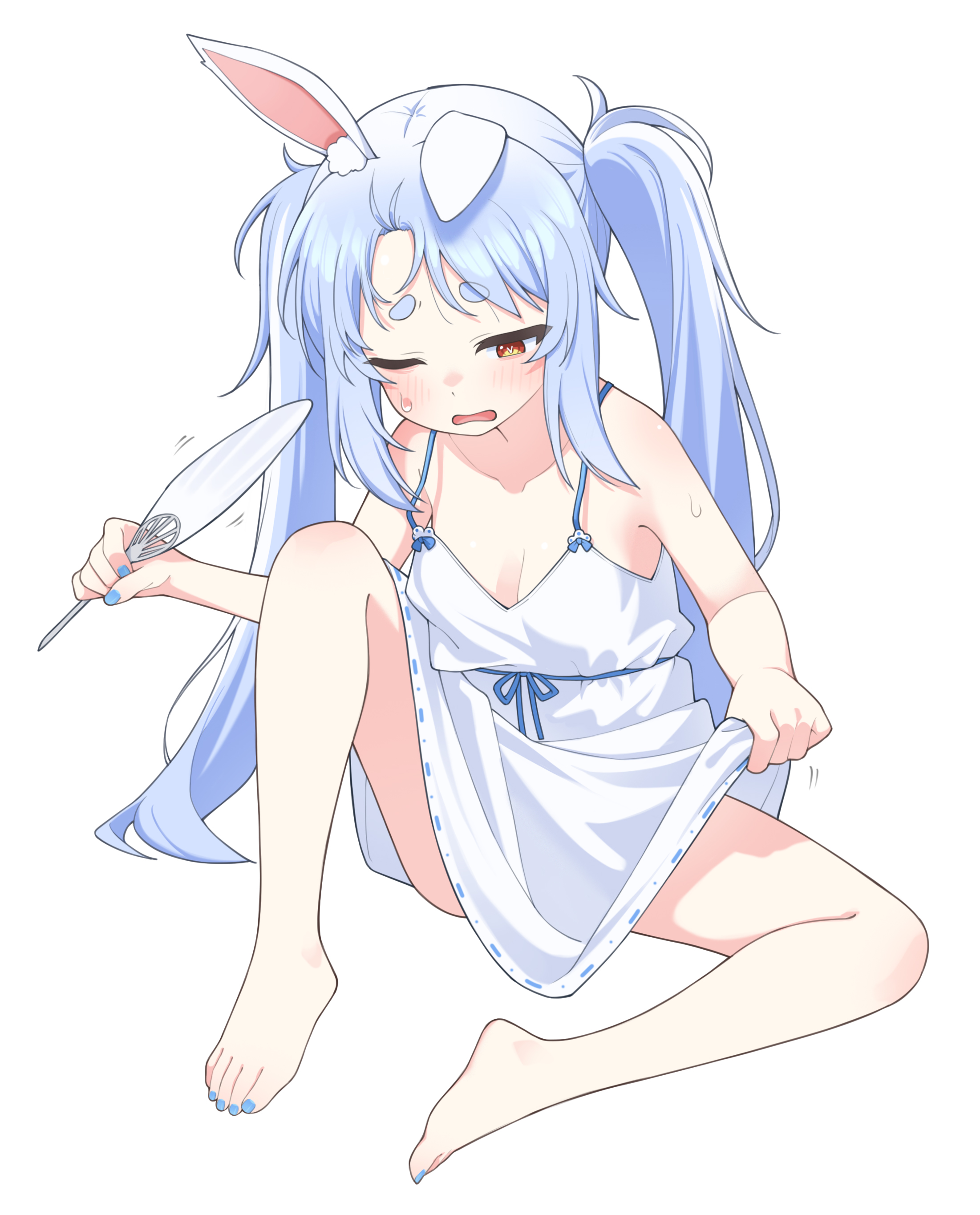 ugaaaa1, usada pekora, hololive, absurdres, highres, 1girl, alternate costume, animal ear fluff, animal ears, bare legs, bare shoulders, barefoot, blue hair, blue nails, blush, breasts, cleavage, clothes lift, collarbone, dress, dress lift, eyelashes, feet, full body, grimace, hand fan, holding, holding fan, hot, knee up, lifting own clothes, long hair, looking down, motion lines, multicolored hair, nail polish, one eye closed, open mouth, orange eyes, parted bangs, rabbit-shaped pupils, rabbit ears, rabbit girl, shadow, short eyebrows, sidelocks, simple background, sitting, small breasts, solo, sweat, symbol-shaped pupils, thick eyebrows, toenail polish, toenails, toes, twintails, two-tone hair, very long hair, virtual youtuber, white background, white dress, white hair