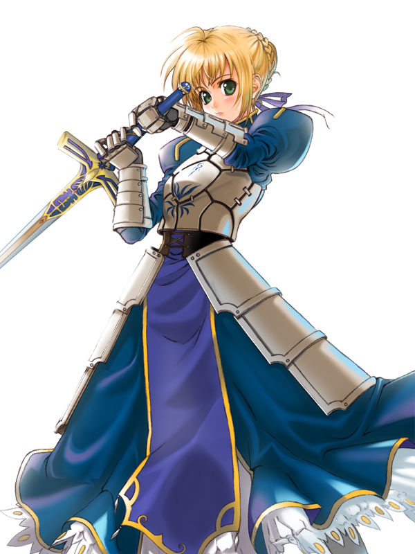 h kamome, tenmaso, artoria pendragon (fate), saber (fate), fate/stay night, fate (series), 00s, 1girl, armor, armored dress, blonde hair, blue dress, dress, female focus, gauntlets, green eyes, holding, holding sword, holding weapon, loincloth, looking at viewer, short hair, simple background, solo, standing, sword, unsheathed, weapon, white background