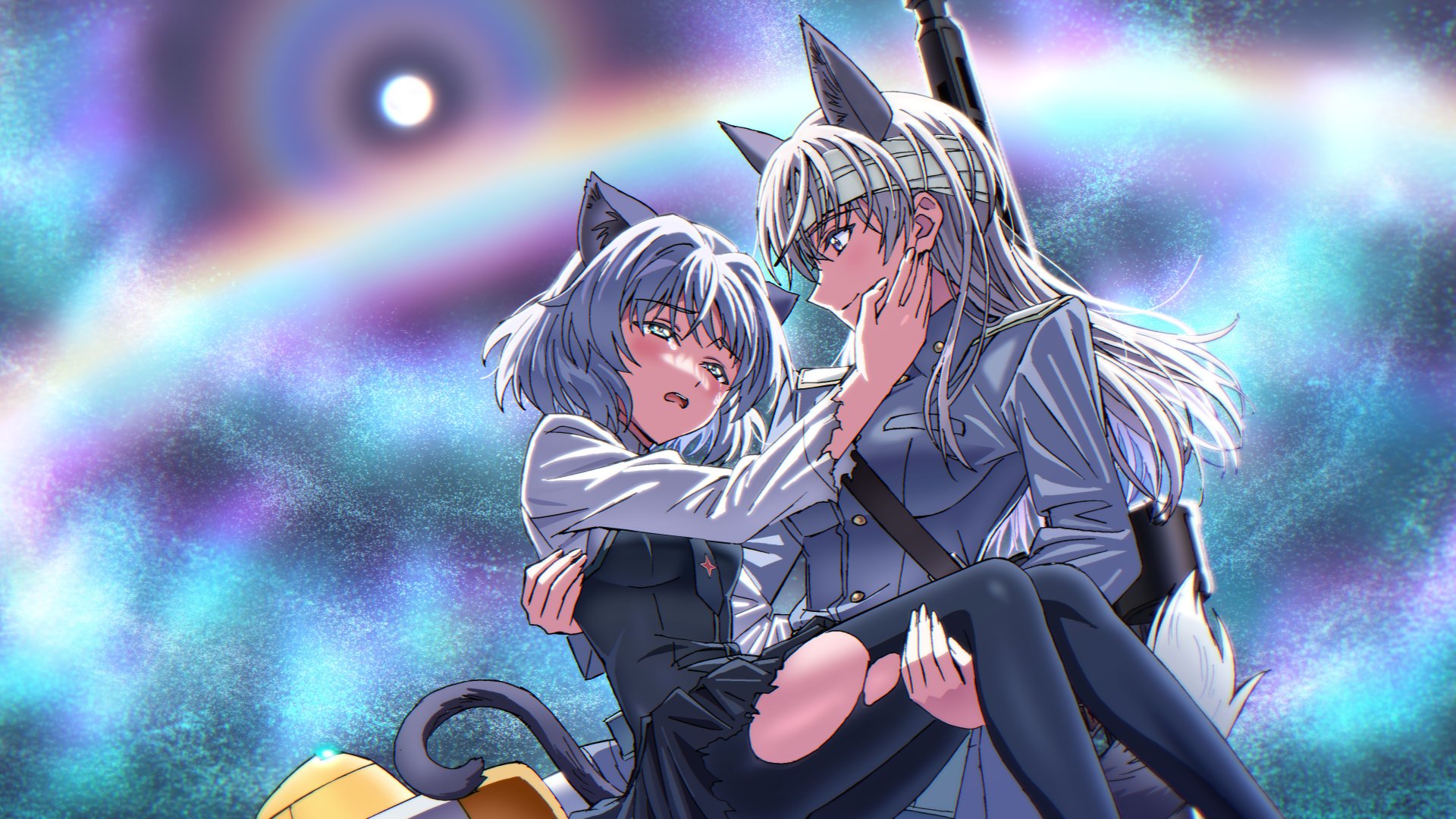 kogarashi51, eila ilmatar juutilainen, sanya v. litvyak, strike witches, world witches series, highres, 2girls, animal ears, black necktie, black pantyhose, black skirt, blue jacket, breasts, cat ears, cat girl, cat tail, flying, fox ears, fox girl, fox tail, grey hair, gun, jacket, long hair, looking at another, machine gun, medium breasts, mg42, military, military uniform, moon, multiple girls, necktie, night, night sky, pantyhose, short hair, skirt, sky, star (sky), starry sky, striker unit, tail, weapon, white hair, yuri