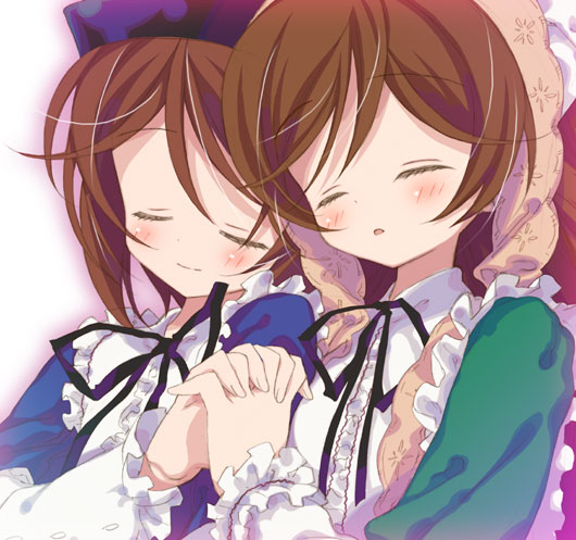 moriki takeshi, souseiseki, suiseiseki, rozen maiden, 00s, blush, closed eyes, holding hands, siblings, sisters, sleeping, twins