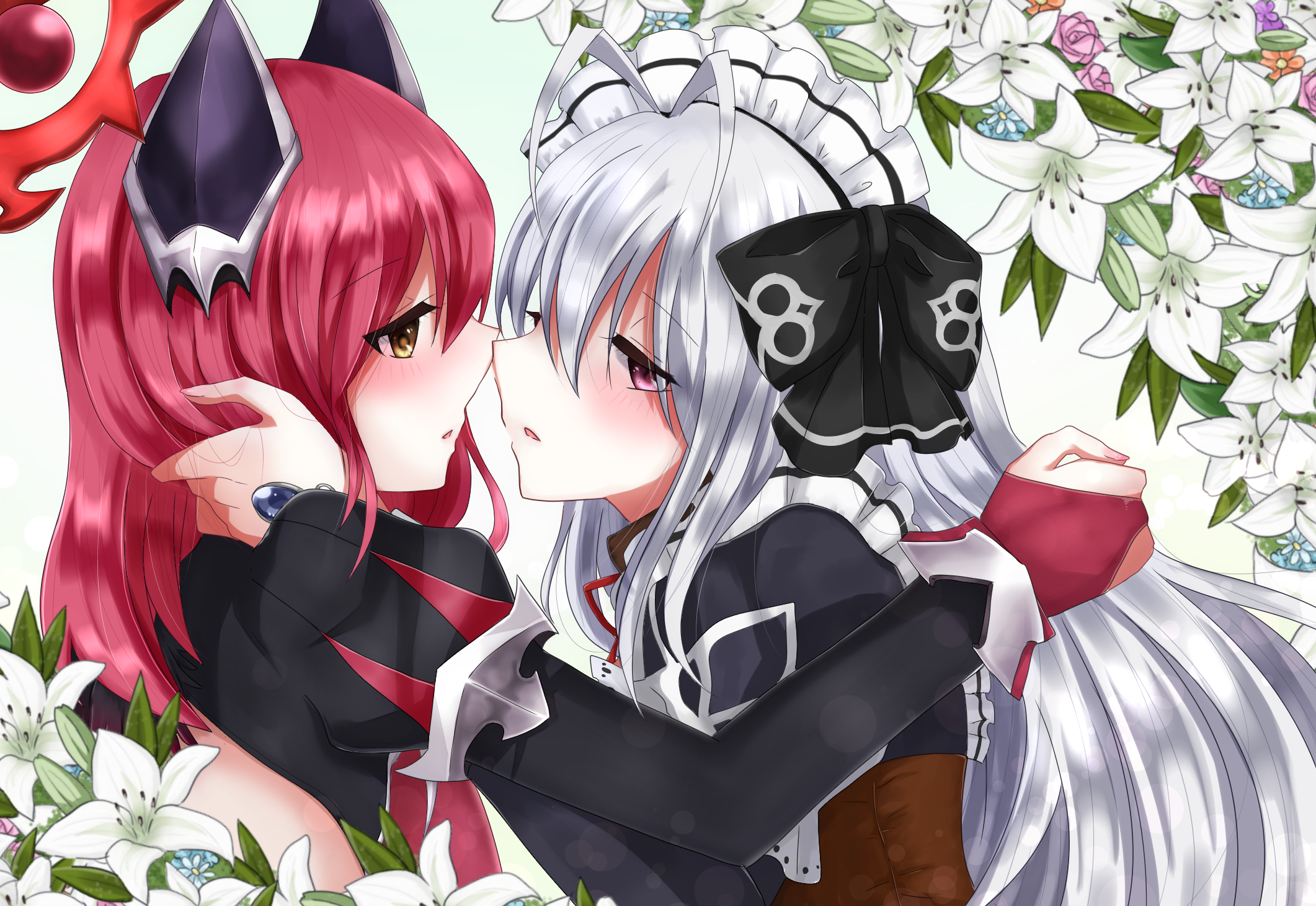 mitama celes, mitama kyrie, emil chronicle online, highres, 2girls, antenna hair, black dress, black ribbon, blush, brown corset, corset, dress, flower, frilled dress, frills, gloves, hair ornament, hair ribbon, halo, hug, imminent kiss, lily (flower), long hair, maid headdress, mii nana3, multiple girls, red eyes, red gloves, red hair, red halo, ribbon, upper body, white hair, yellow eyes, yuri