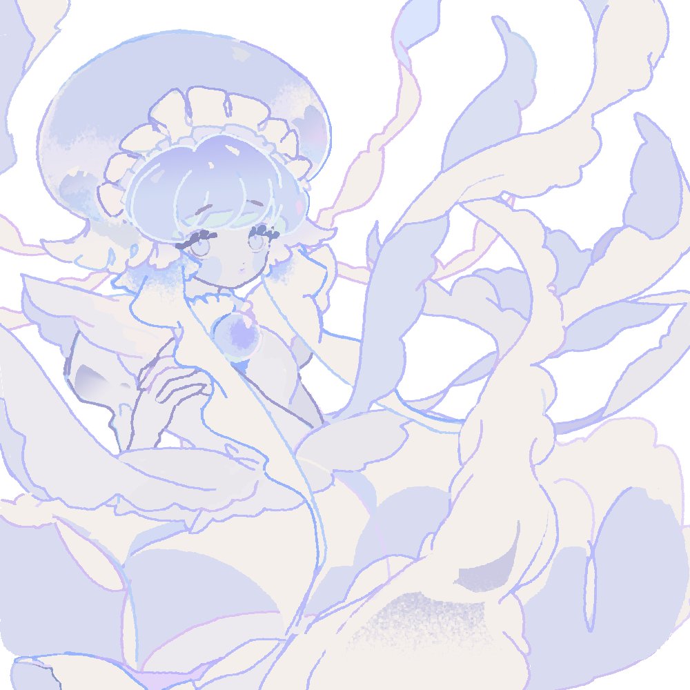 reed, frilled jellyfish cookie, cookie run, cookie run: kingdom, commentary, symbol-only commentary, 1girl, closed mouth, colored skin, cowboy shot, dress, elbow gloves, floating hair, frilled hat, frilled headwear, frills, gloves, gradient hair, grey brooch, grey eyes, grey hair, grey hat, hand up, hat, humanization, jellyfish girl, large hat, long hair, looking at viewer, multicolored hair, puffy short sleeves, puffy sleeves, short sleeves, simple background, solo, two-tone hair, very long hair, white background, white dress, white gloves, white hair, white skin