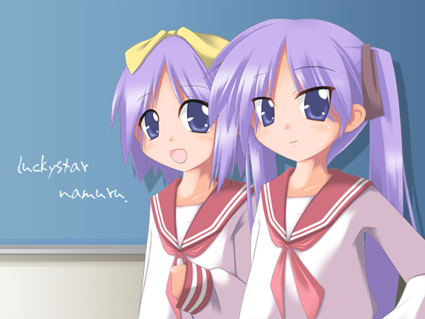 hiiragi kagami, hiiragi tsukasa, lucky star, tagme, 00s, 2girls, multiple girls, school uniform, serafuku, sisters, standing, twins, upper body