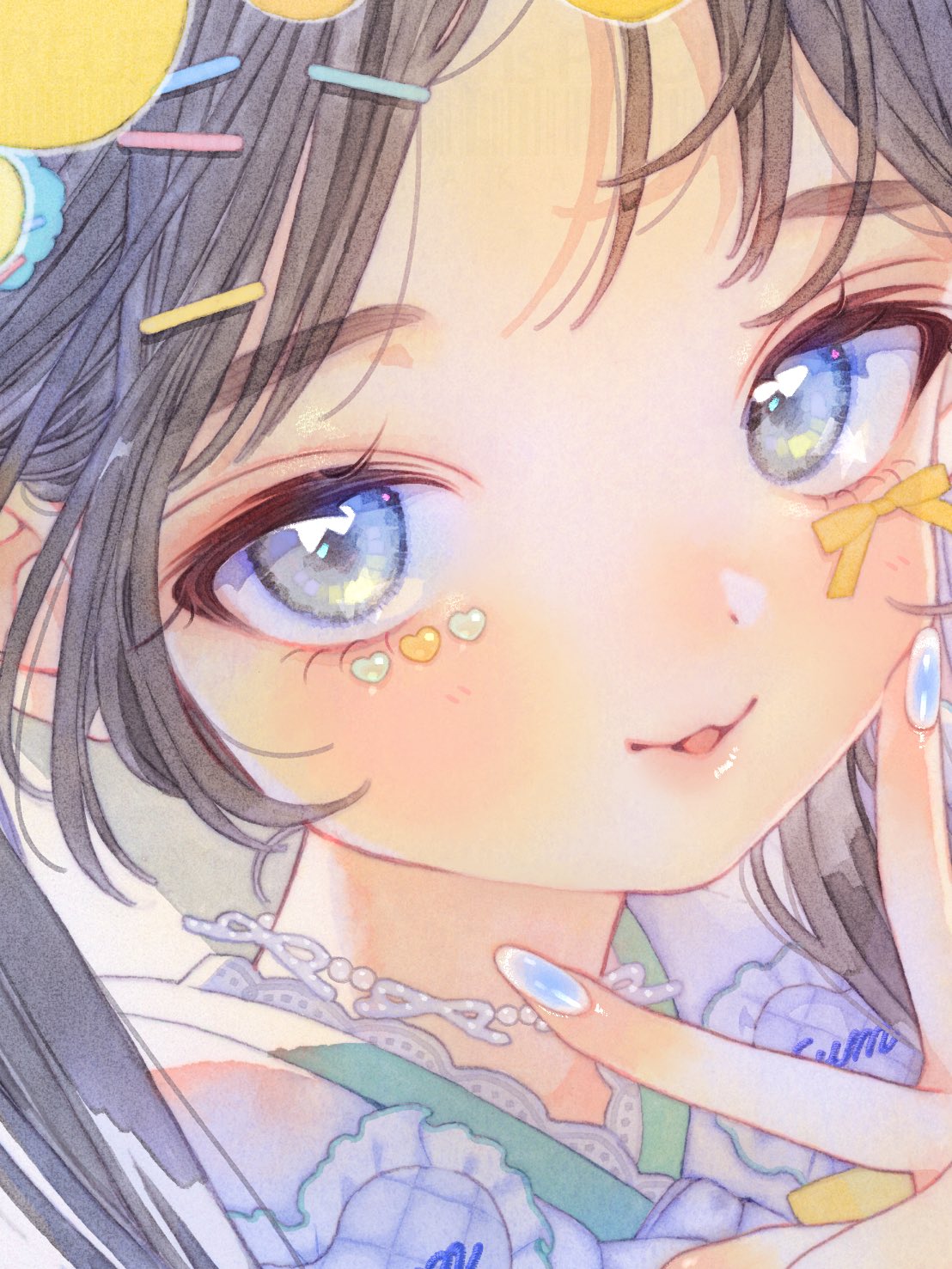 nanakami mana, original, highres, painting (medium), photo (medium), traditional media, watercolor (medium), 1girl, blue eyes, close-up, facial mark, grey hair, heart, heart facial mark, long hair, looking at viewer, parted lips, smile, solo, twintails, v