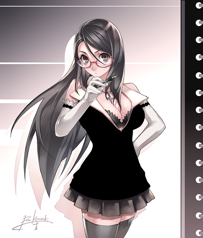 kousaki rui, original, black hair, black thighhighs, bra, breasts, cleavage, cowboy shot, cross, elbow gloves, glasses, gloves, huge breasts, jewelry, lingerie, necklace, pen, solo, thighhighs, underwear, zettai ryouiki
