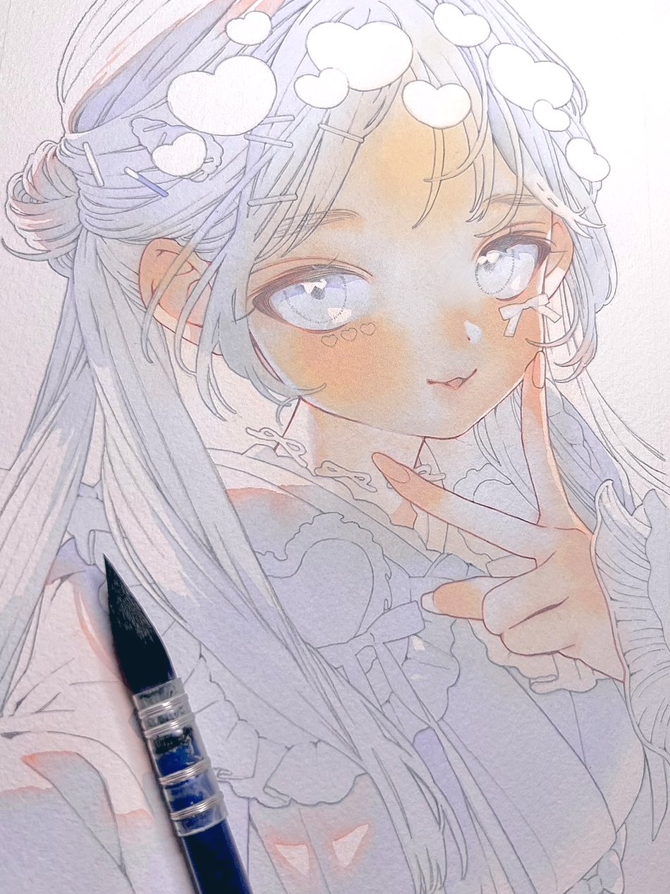 nanakami mana, original, highres, painting (medium), photo (medium), traditional media, unfinished, watercolor (medium), 1girl, art tools in frame, close-up, facial mark, heart, heart facial mark, long hair, looking at viewer, parted lips, smile, solo, twintails, v