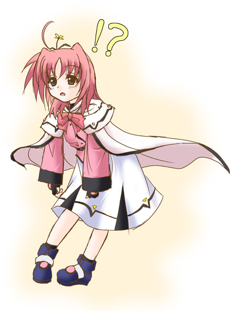 frapowa, caro ru lushe, kerykeion (nanoha), lyrical nanoha, mahou shoujo lyrical nanoha, mahou shoujo lyrical nanoha strikers, !?, 00s, 1girl, ahoge, bow, cape, female focus, fingerless gloves, flower, flower on head, gloves, magical girl, pink bow, pink hair, solo