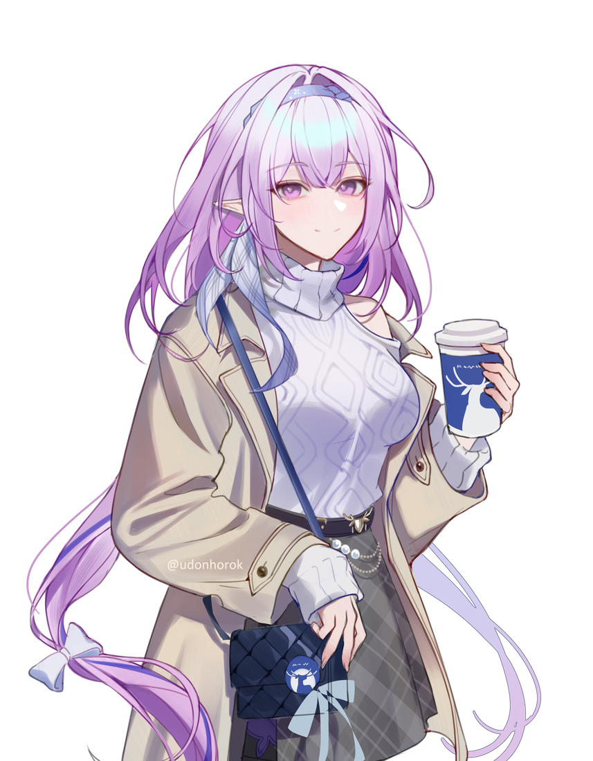 udonhorok, castorice (honkai: star rail), honkai: star rail, honkai (series), commentary request, 1girl, bag, black skirt, blue hairband, breasts, brown coat, castorice (luckin coffee) (honkai: star rail), clothing cutout, coat, cowboy shot, cup, disposable coffee cup, disposable cup, hairband, handbag, holding, holding cup, long hair, long sleeves, looking at viewer, low-tied long hair, low twintails, medium breasts, official alternate costume, open clothes, open coat, pointy ears, purple eyes, purple hair, shoulder cutout, simple background, skirt, smile, solo, sweater, turtleneck, turtleneck sweater, twintails, twitter username, very long hair, white background, white sweater