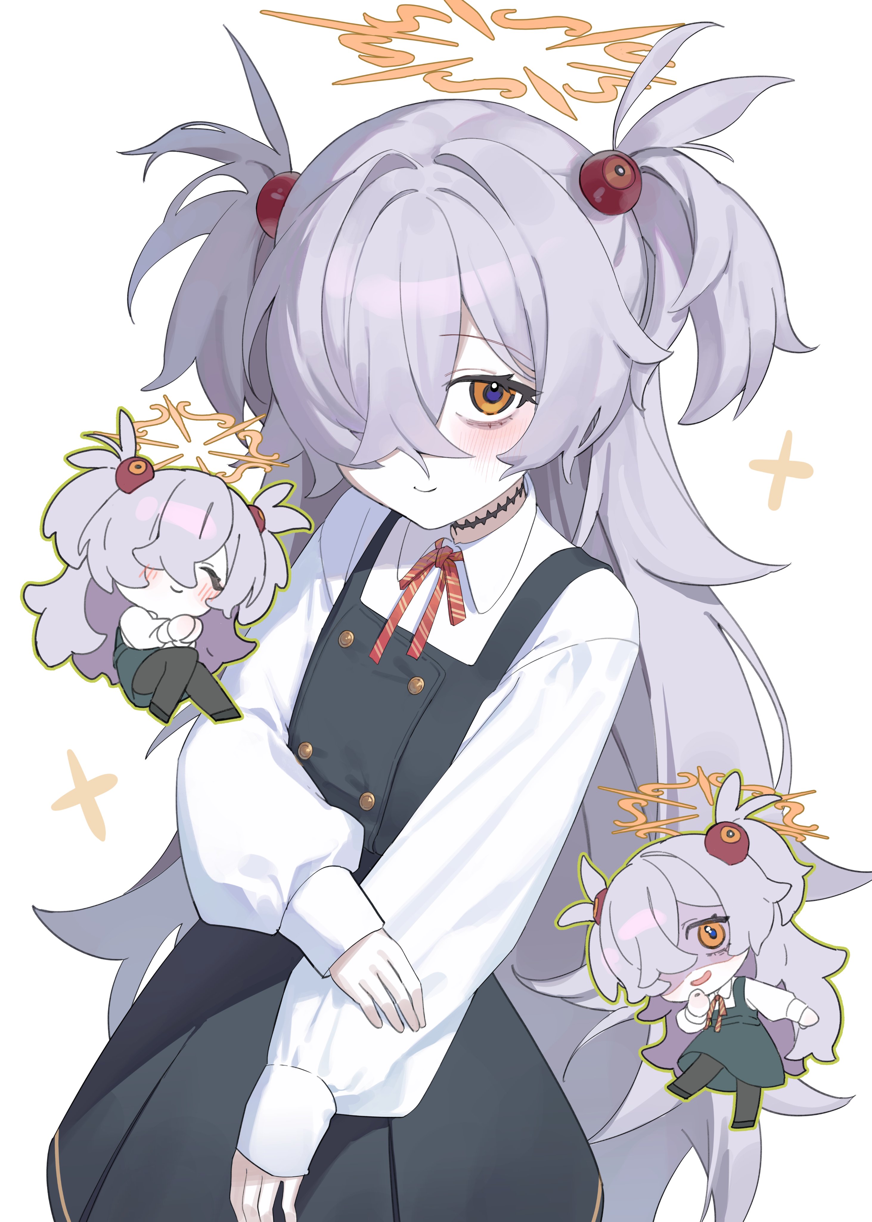 may.l, kanoe (blue archive), blue archive, absurdres, highres, 1girl, chibi, diagonal-striped ribbon, grey hair, hair over one eye, halo, messy hair, orange eyes, orange halo, scar, scar on neck, short twintails, smile, solo, twintails, two side up, white background